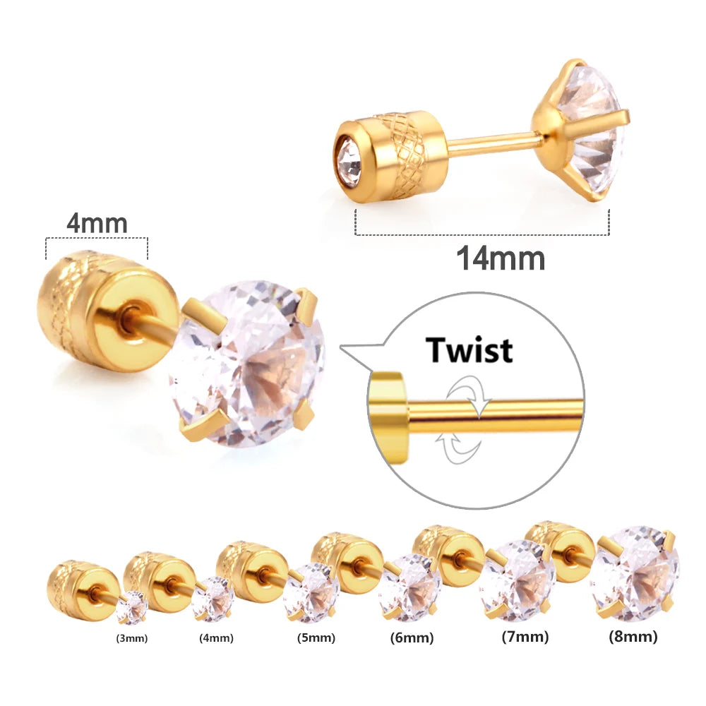 LUXUSTEEL 2Pcs Men's Crystal Zircon Studs Earrings For Women 316L Stainless Steel Cartilage Piercing Ear Anti Allergic 3-8mm