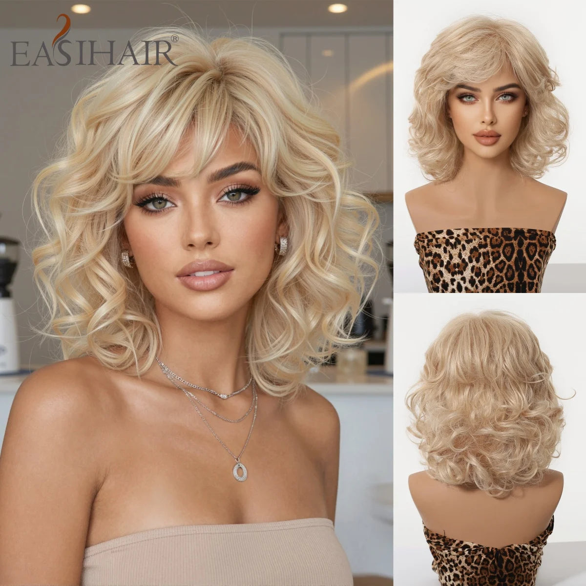 Platinum Blonde Short Wavy Bob Wig with Bangs Heat Resistant Synthetic Fiber Wig for Women Natural Looking Daily Party Cosplay