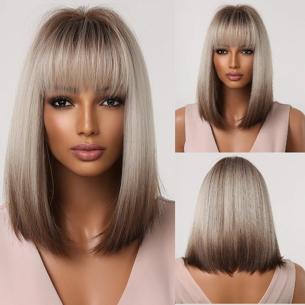 ALAN EATON Layered Synthetic Wigs with Bangs Straight Short Highlights Blonde Hair Wig with for Women Natural Daily Cosplay Wigs