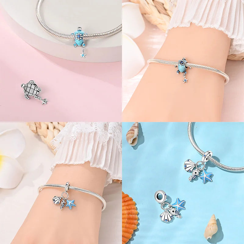 925 Sterling Silver Ocean Series Blue Turtle Starfish Shell Fit Original Bracelet Charms for Women diy Fine Jewelry Gifts