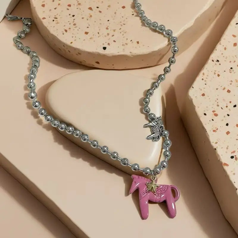 White Black Green Blue Pink Color Enamel Colt Horse Pendant Necklaces for Women Silver Plated Alloy Beads Chain Chokers