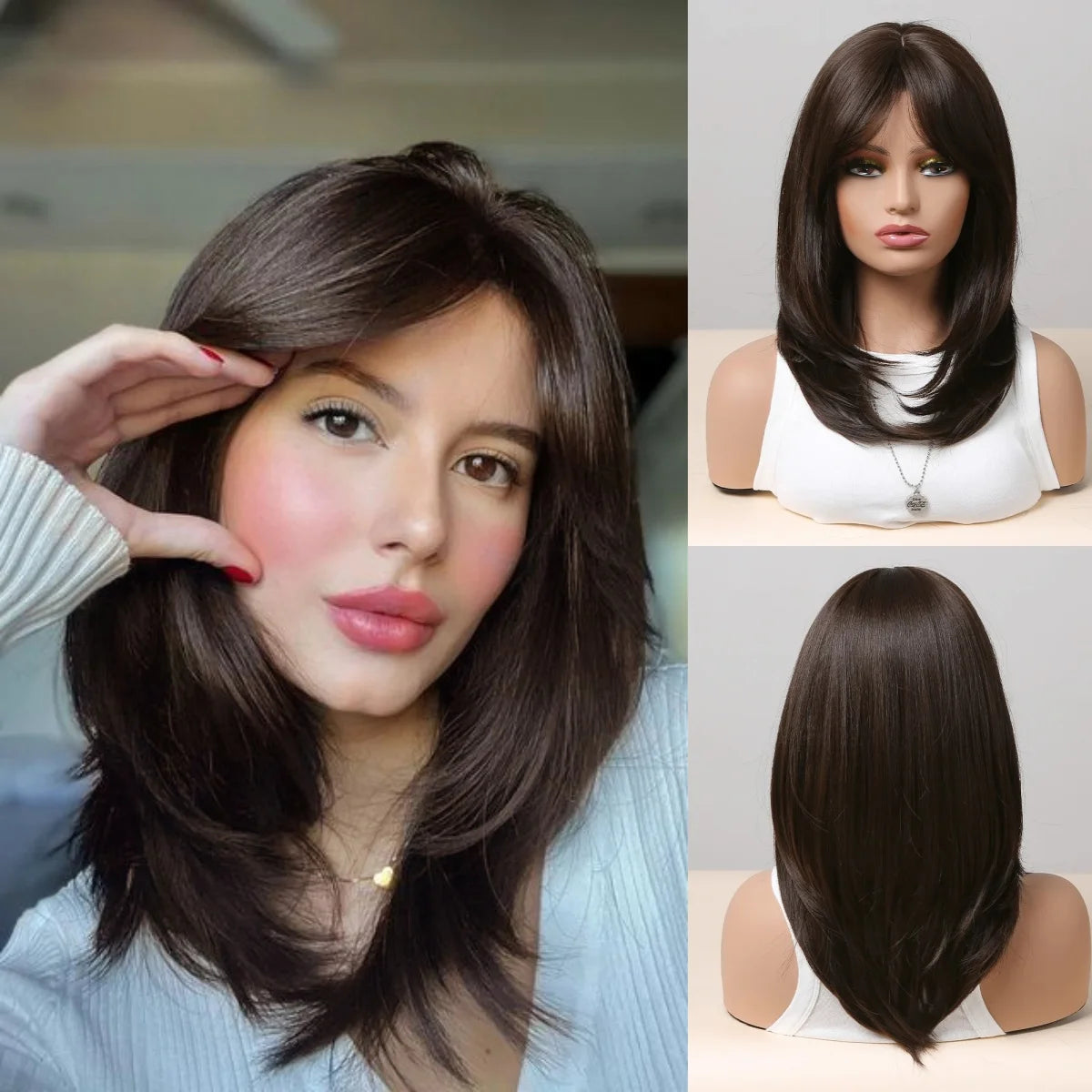 ALAN EATON Layered Synthetic Wigs with Bangs Straight Short Highlights Blonde Hair Wig with for Women Natural Daily Cosplay Wigs