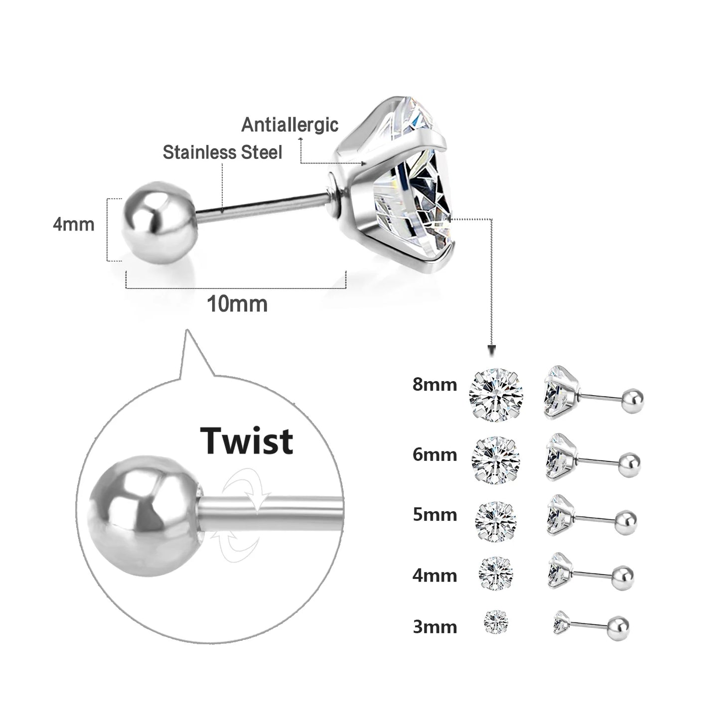 LUXUSTEEL 2Pcs Men's Crystal Zircon Studs Earrings For Women 316L Stainless Steel Cartilage Piercing Ear Anti Allergic 3-8mm