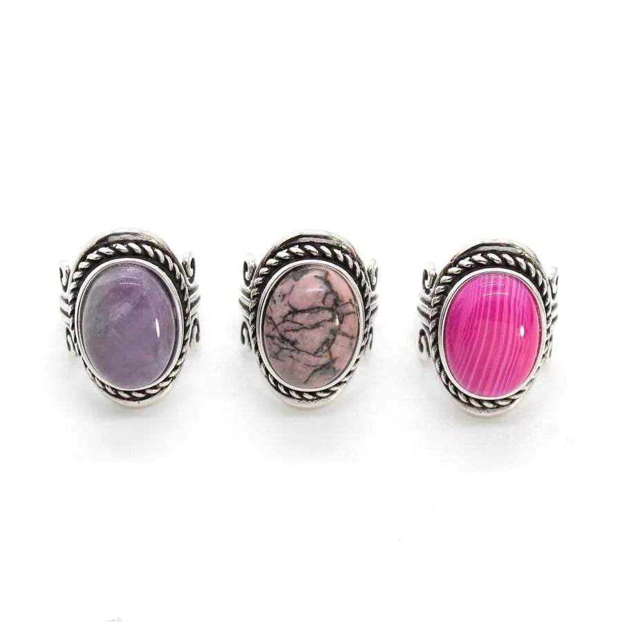 Vintage Crystal Oval Stone Rings For Men Women Natural Rose Quartz Amethyst Onyx Agate Gemstone Adjustable Finger Ring Jewelry