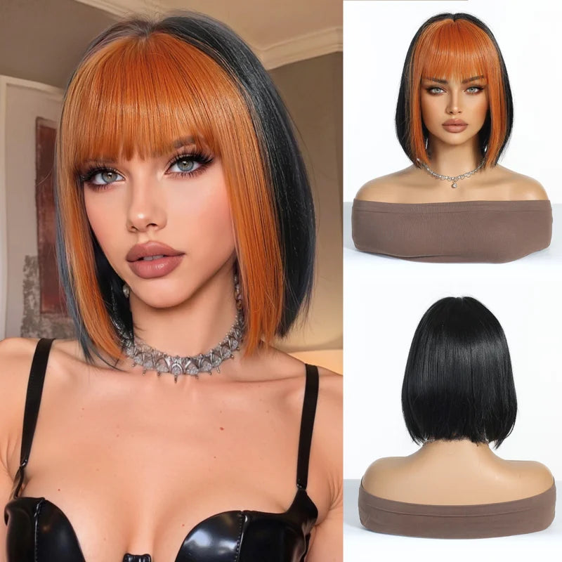 Platinum Blonde Ombre Middle Part Short Straight Bob Synthetic Wig for Women Heat Resistant Hair for Daily Party Cosplay