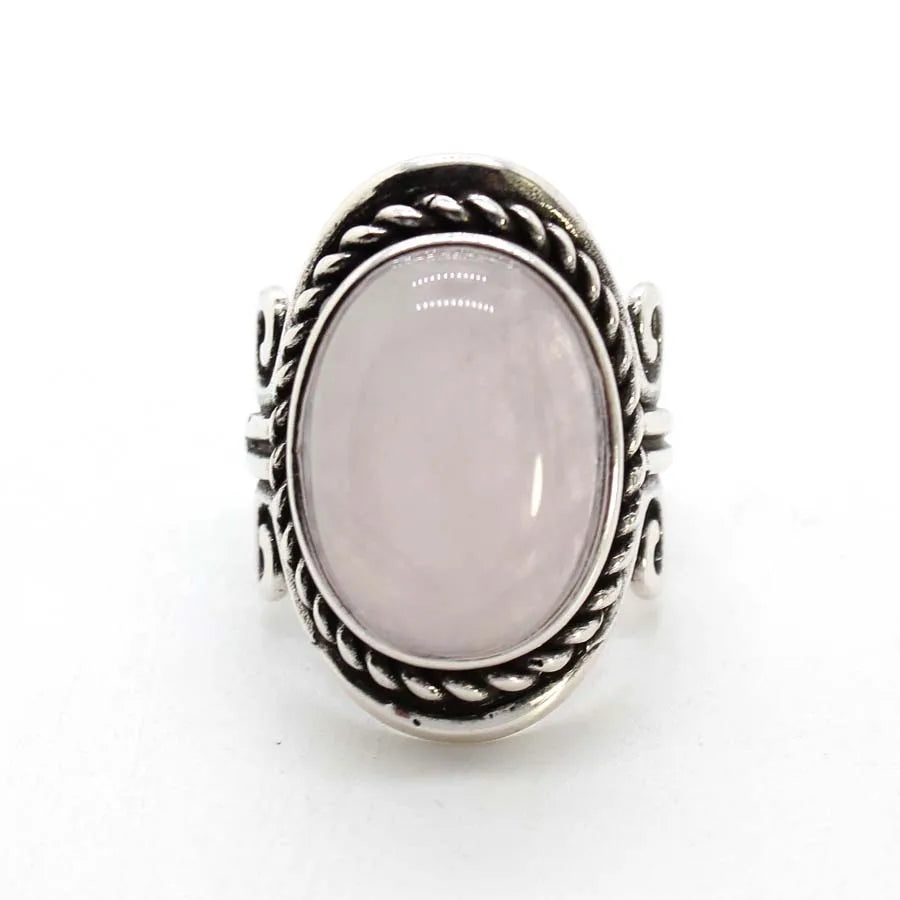 Vintage Crystal Oval Stone Rings For Men Women Natural Rose Quartz Amethyst Onyx Agate Gemstone Adjustable Finger Ring Jewelry