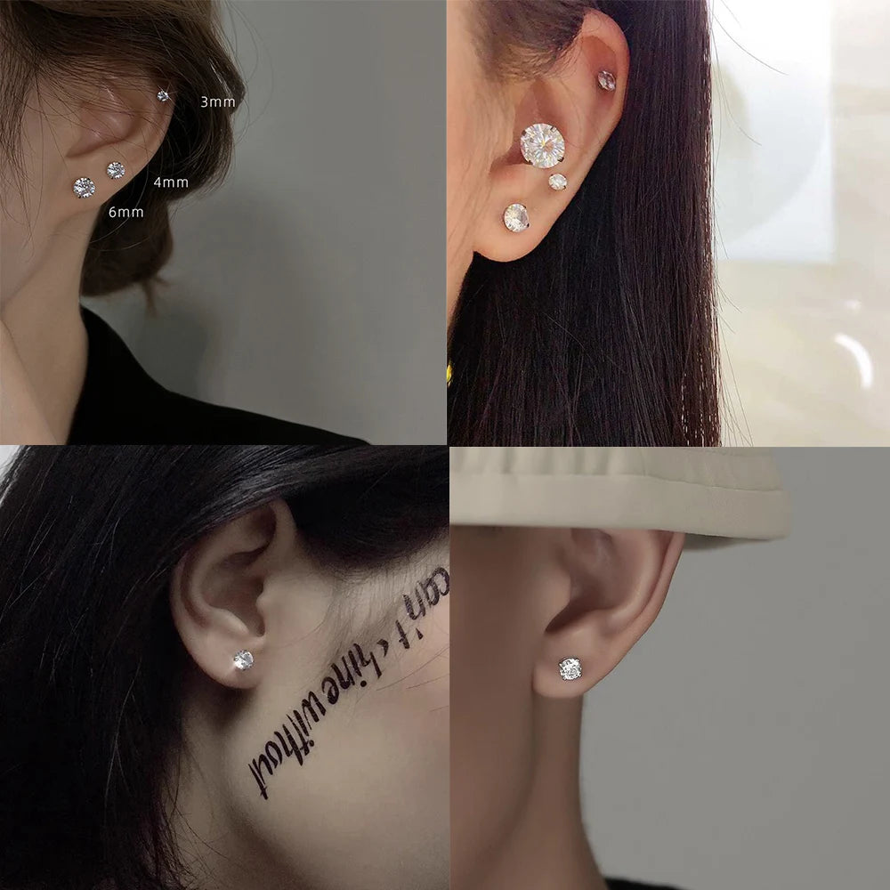 LUXUSTEEL 2Pcs Men's Crystal Zircon Studs Earrings For Women 316L Stainless Steel Cartilage Piercing Ear Anti Allergic 3-8mm