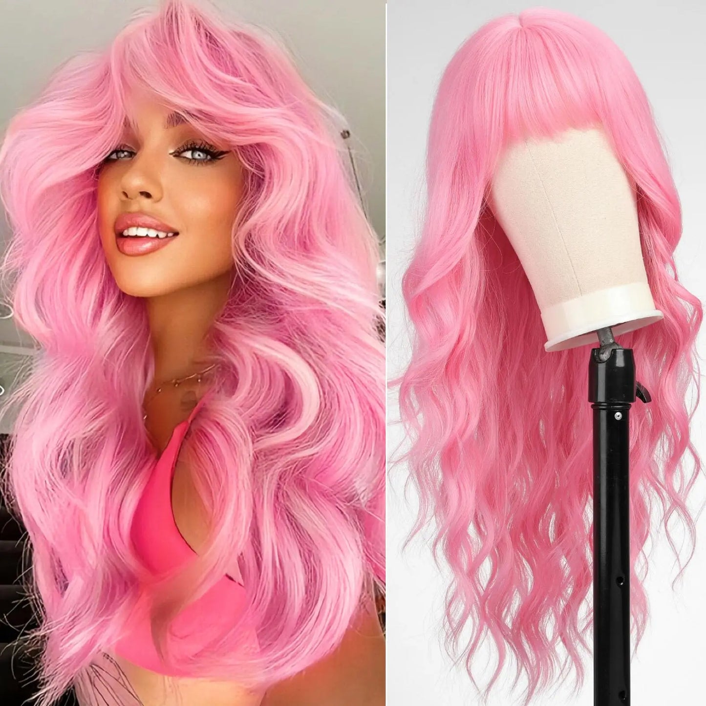 Red Wine Color Synthetic Wig with Long Curly Hair and Bangs for Daily Party Use. Made of High-Temperature Hair Fiber.