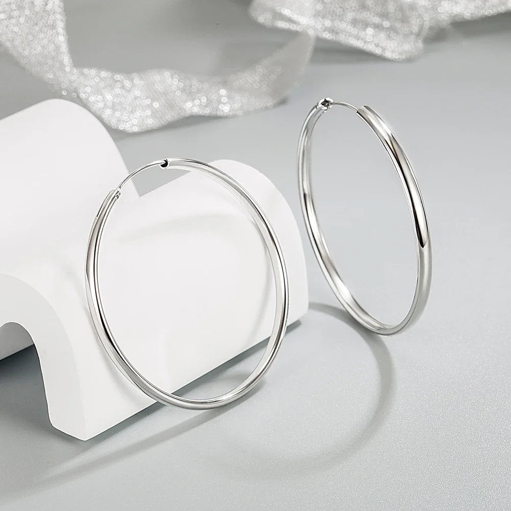 Genuine 925 Sterling Silver Women's New Jewelry Fashion Round Hoop Earrings
