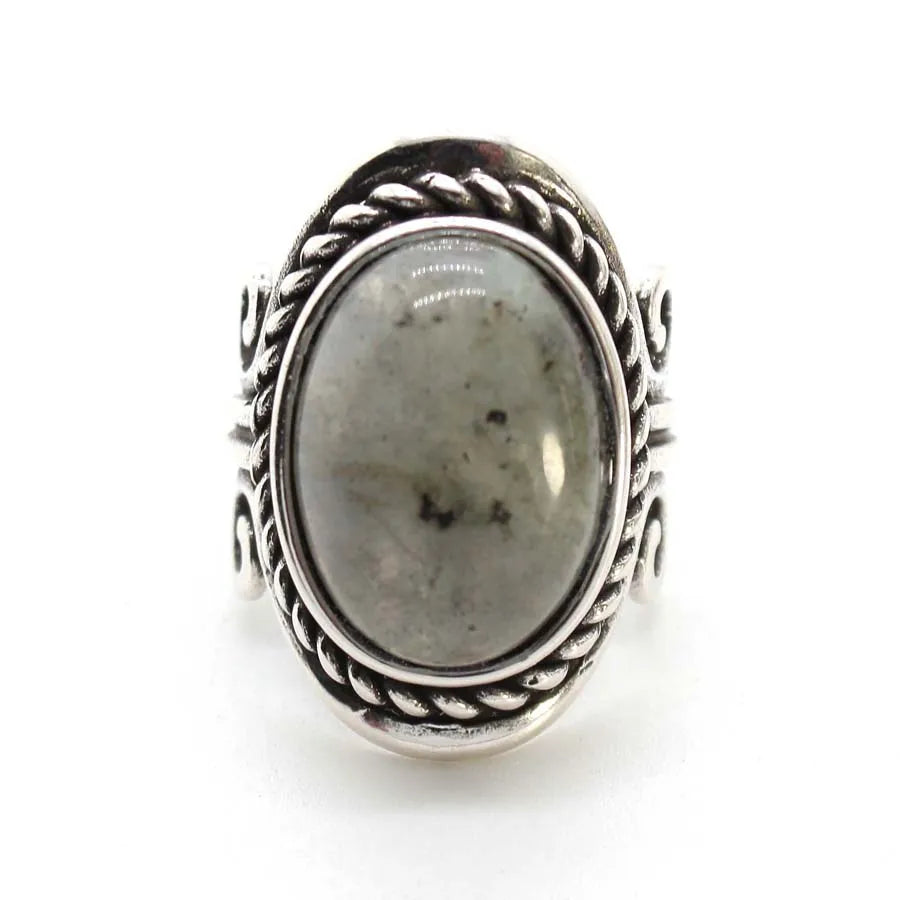 Vintage Crystal Oval Stone Rings For Men Women Natural Rose Quartz Amethyst Onyx Agate Gemstone Adjustable Finger Ring Jewelry