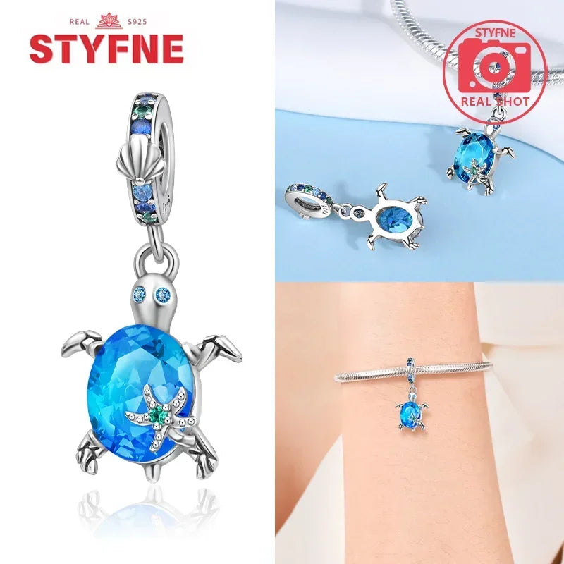 925 Sterling Silver Ocean Series Blue Turtle Starfish Shell Fit Original Bracelet Charms for Women diy Fine Jewelry Gifts