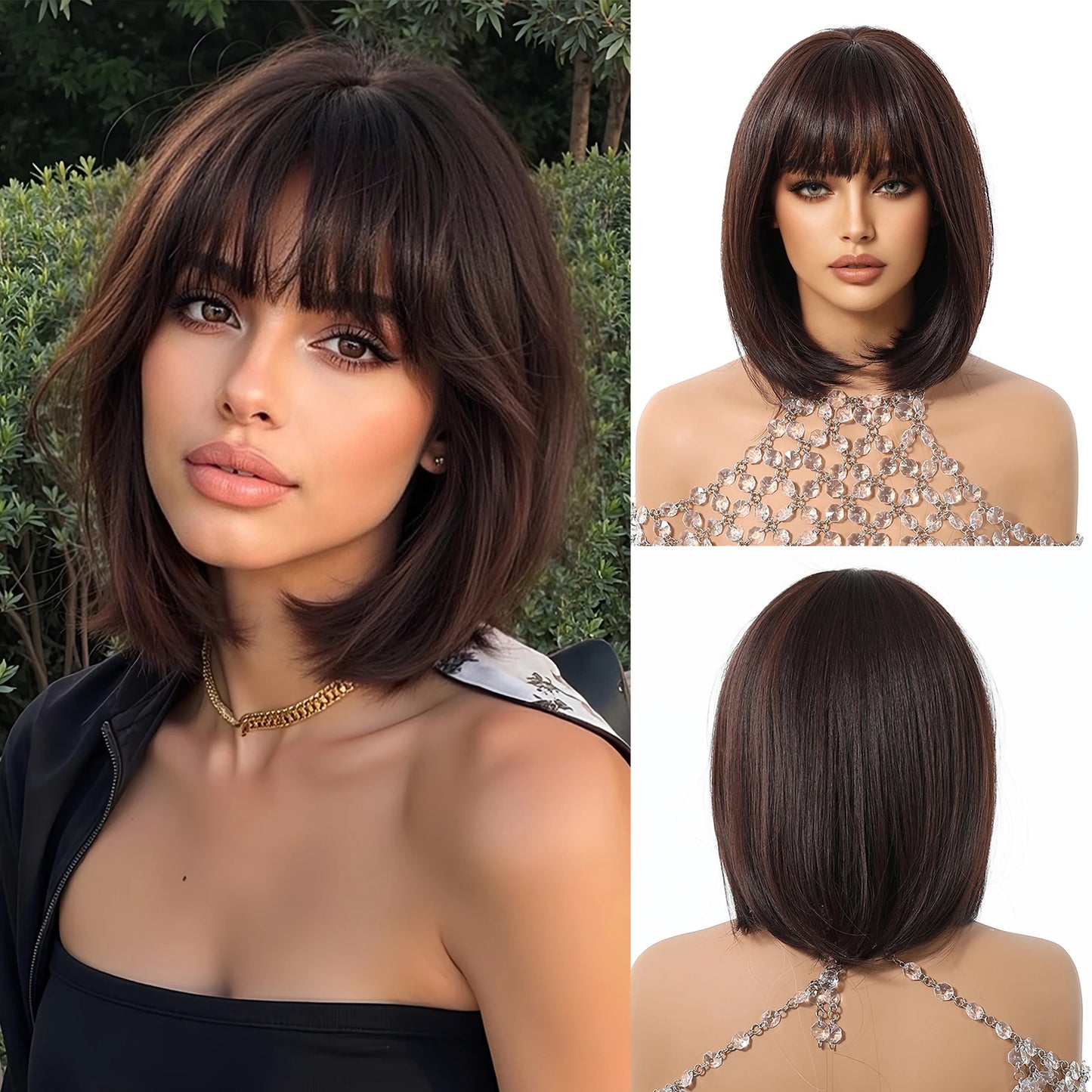ALAN EATON Short Ombre Brown Synthetic Natural Bob Straight Wigs with Bang for Women Party Daily Use Heat Resistant Fiber