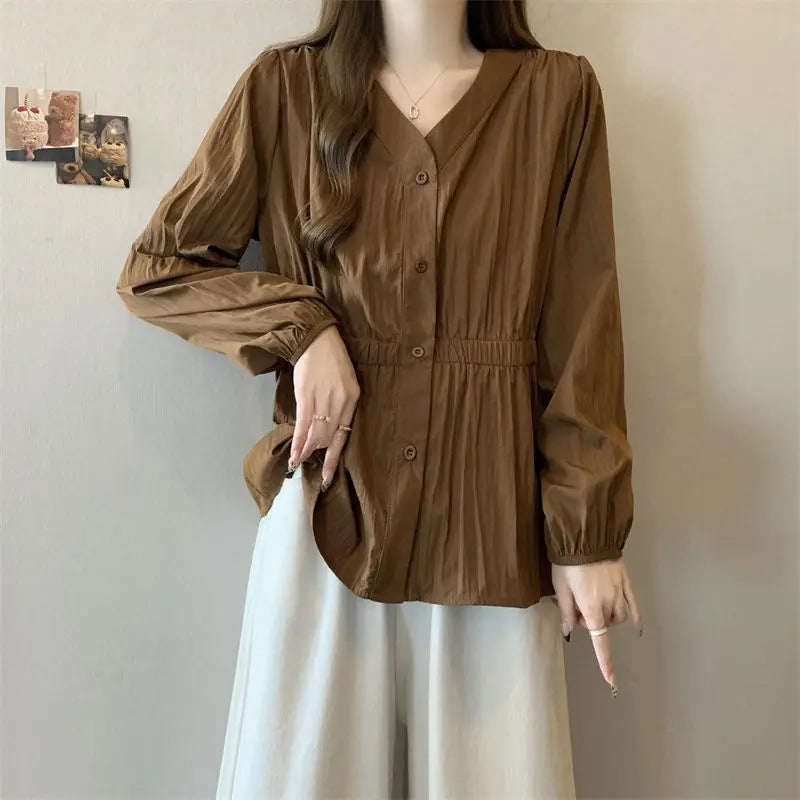 Plus Size Elastic Waist Trend Shirt And Blouse Solid Color Top Women Clothing V-neck French Chic Basics