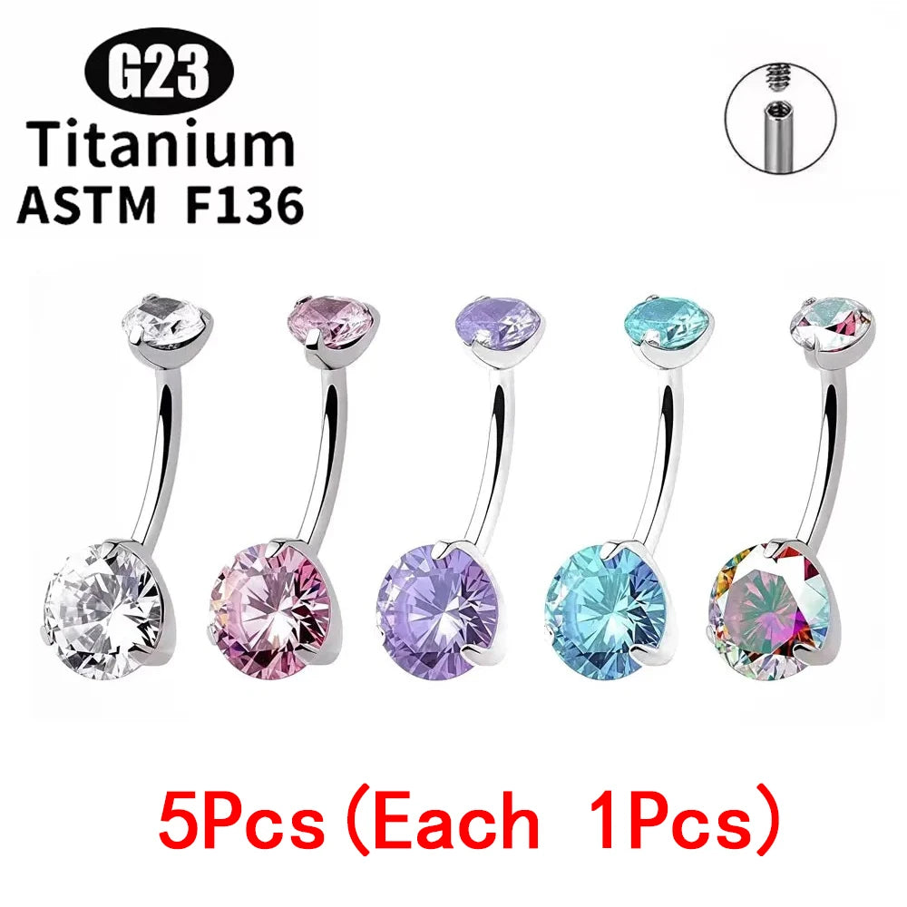 1/5Pcs ASTM F136 Titanium Banana Bend Sexy Belly Button Rings 5A CZ 14G Internal Thread Navel Ring Piercing Barbell Body Jewelry