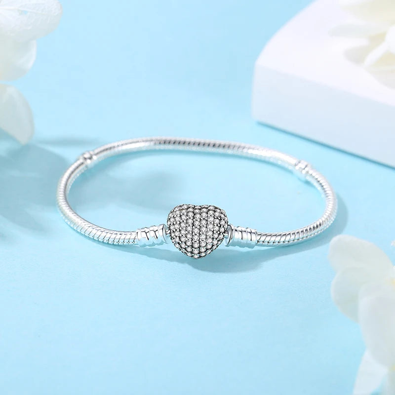 925 Sterling Silver Bracelets Bangles Original Love Heart Clasp Charms Beads Snake Chain Luxury DIY Jewelry For Women Gift
