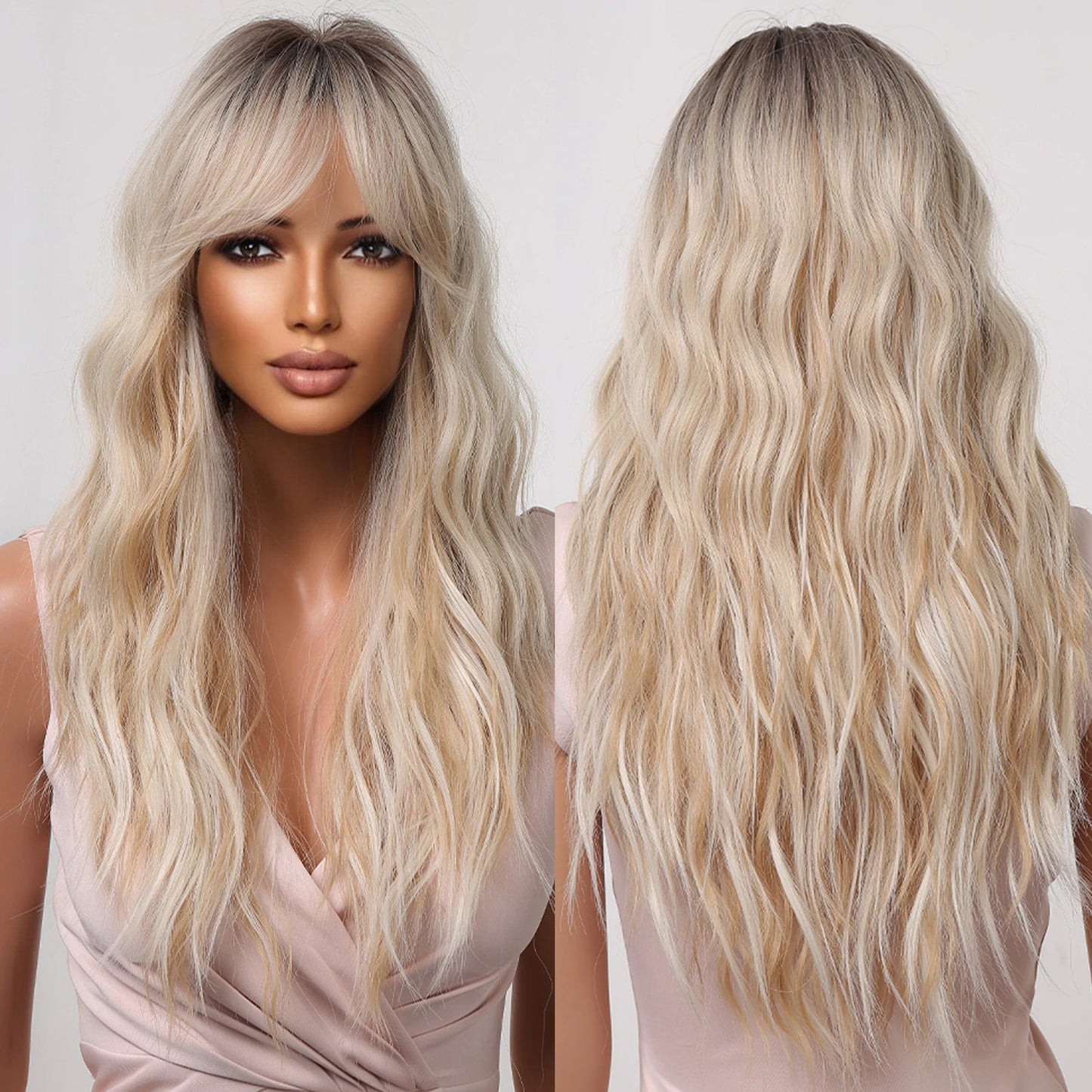 GEMMA Ombre Brown Blonde Long Straight Synthetic Wigs with Bangs Cosplay Wig for Women High Temperature Natural Fake Hair