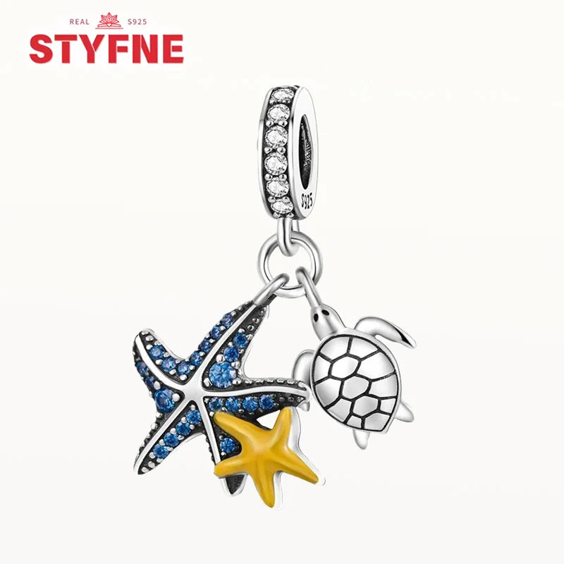 925 Sterling Silver Ocean Series Blue Turtle Starfish Shell Fit Original Bracelet Charms for Women diy Fine Jewelry Gifts