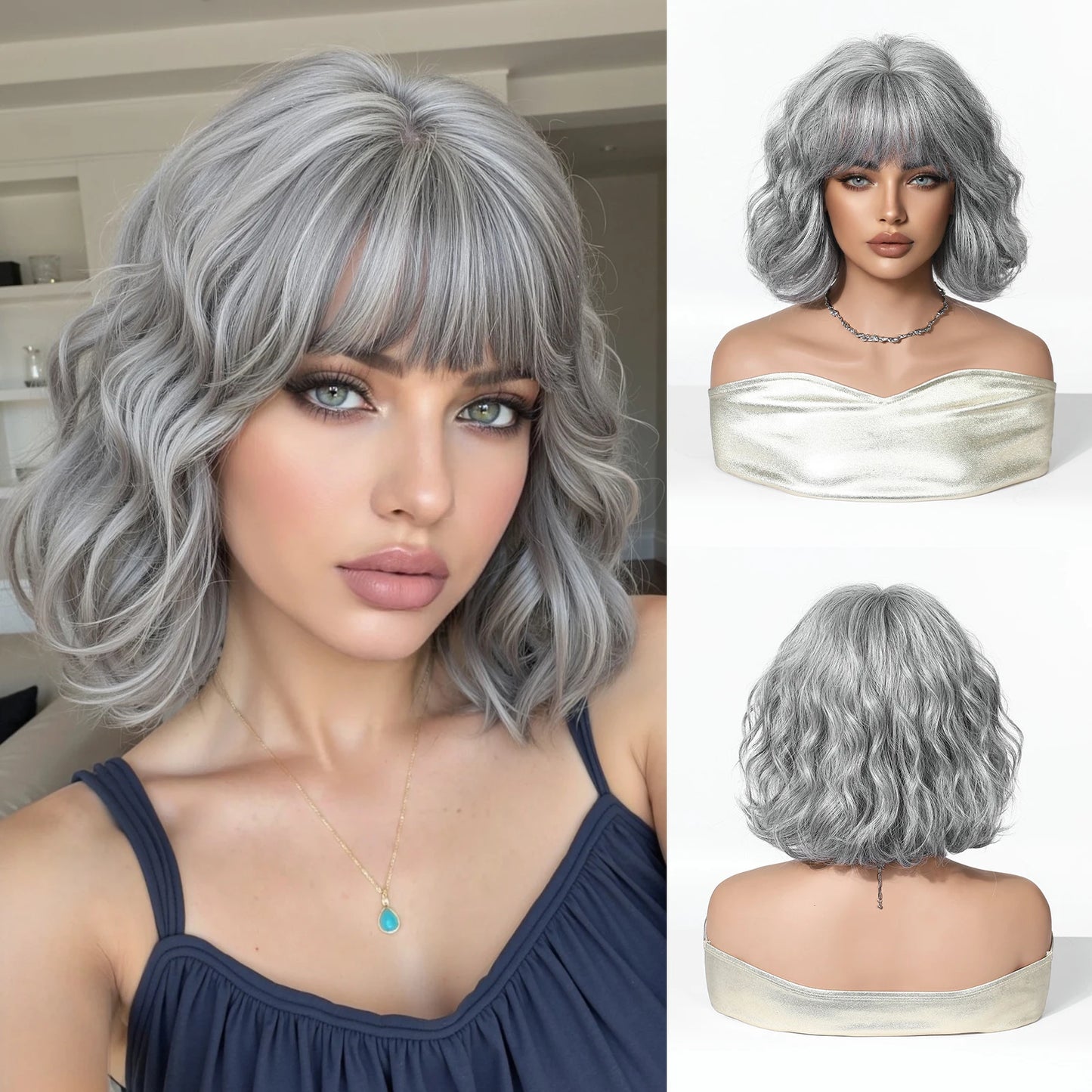 Honey Brown Synthetic Wigs Short Wavy Wig For Women Cosplay Party Daily Natural Fake Hair With Bangs Lolita Wig Heat Resistant
