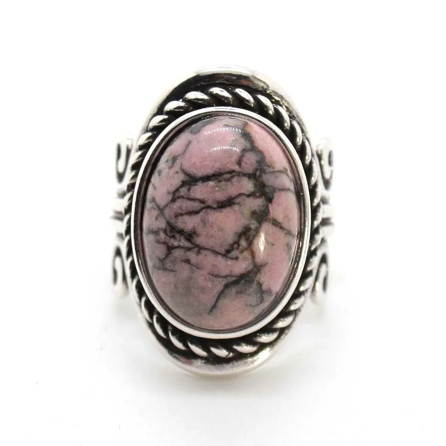 Vintage Crystal Oval Stone Rings For Men Women Natural Rose Quartz Amethyst Onyx Agate Gemstone Adjustable Finger Ring Jewelry