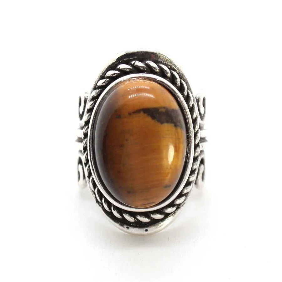 Vintage Crystal Oval Stone Rings For Men Women Natural Rose Quartz Amethyst Onyx Agate Gemstone Adjustable Finger Ring Jewelry
