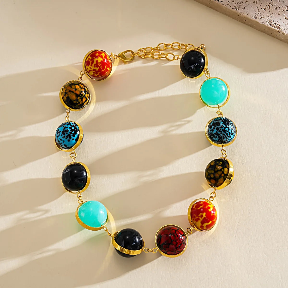 Creative Multi-color Round Ball Acrylic Bead Chokers Necklaces Women Men Gold Color Frame Strand Necklace Statement Jewelry K
