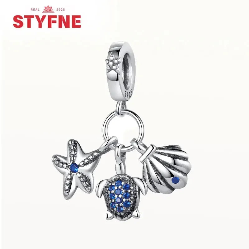 925 Sterling Silver Ocean Series Blue Turtle Starfish Shell Fit Original Bracelet Charms for Women diy Fine Jewelry Gifts