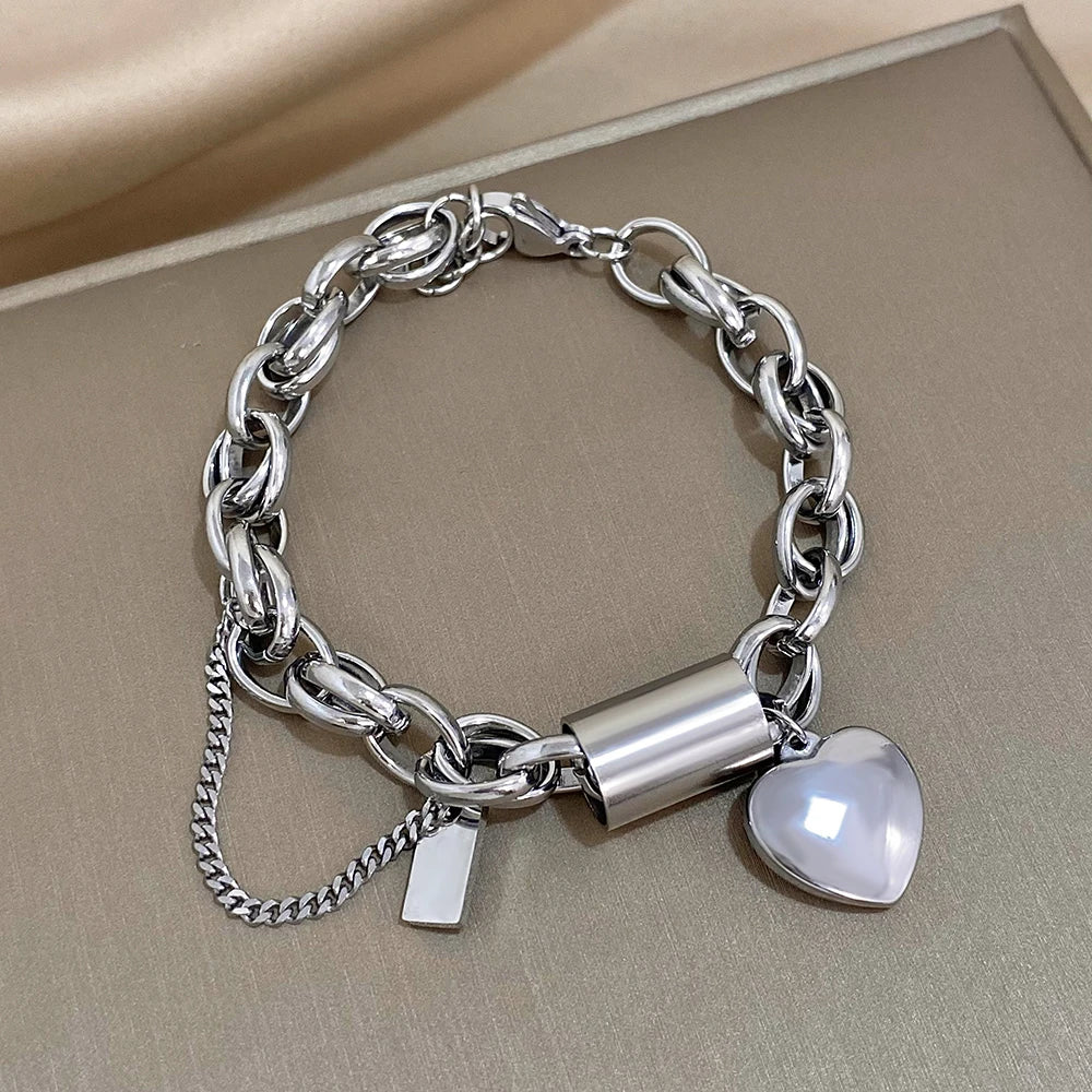 Heart Locket Stainless Steel Charm Bracelet Chunky Gold Plated