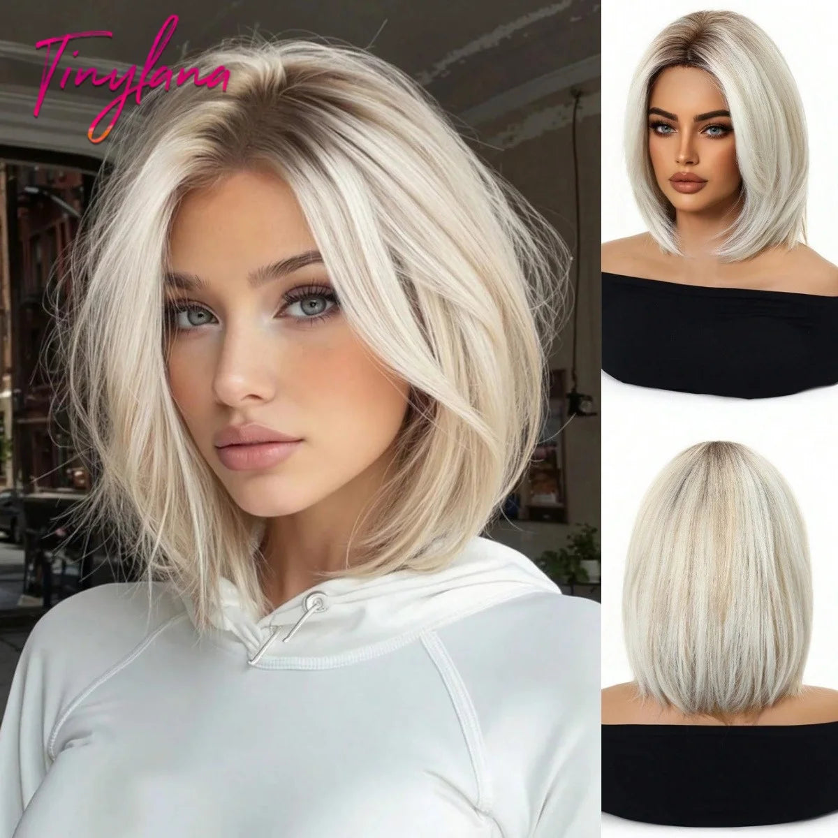 Platinum Blonde Ombre Middle Part Short Straight Bob Synthetic Wig for Women Heat Resistant Hair for Daily Party Cosplay
