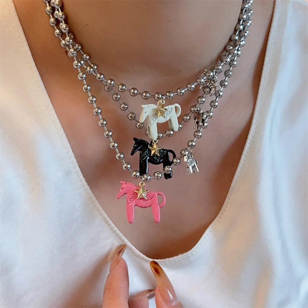 White Black Green Blue Pink Color Enamel Colt Horse Pendant Necklaces for Women Silver Plated Alloy Beads Chain Chokers