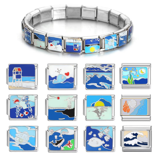 Italian Charm Stainless Steel Bracelet 9mm Diy Blue Ocean Series /Purple Color Series