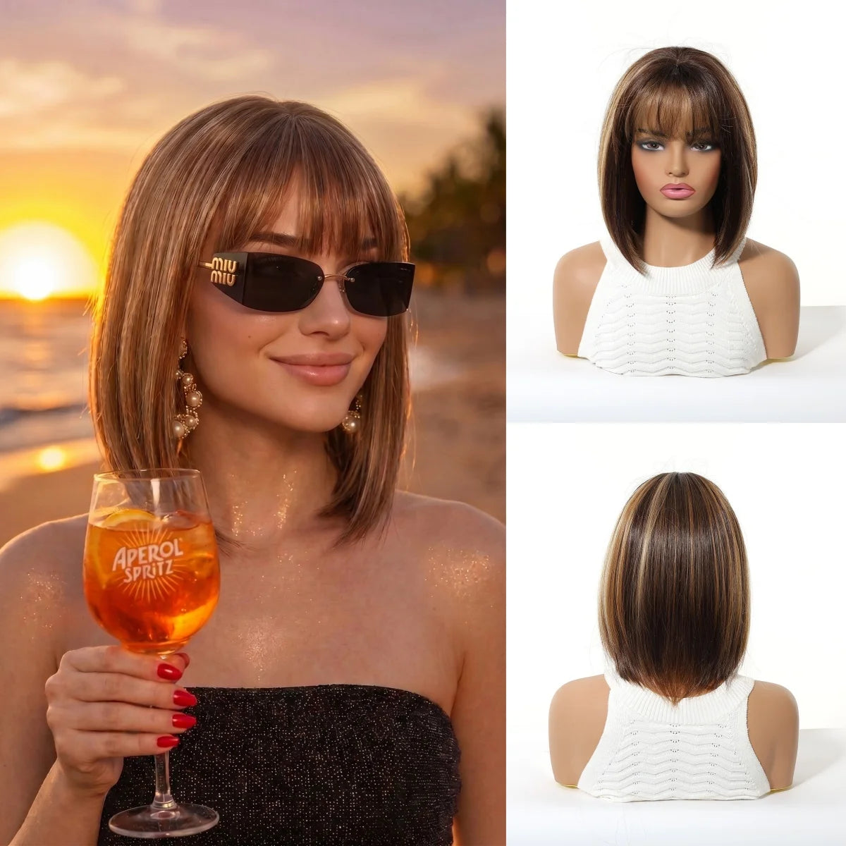 ALAN EATON Short Ombre Brown Synthetic Natural Bob Straight Wigs with Bang for Women Party Daily Use Heat Resistant Fiber
