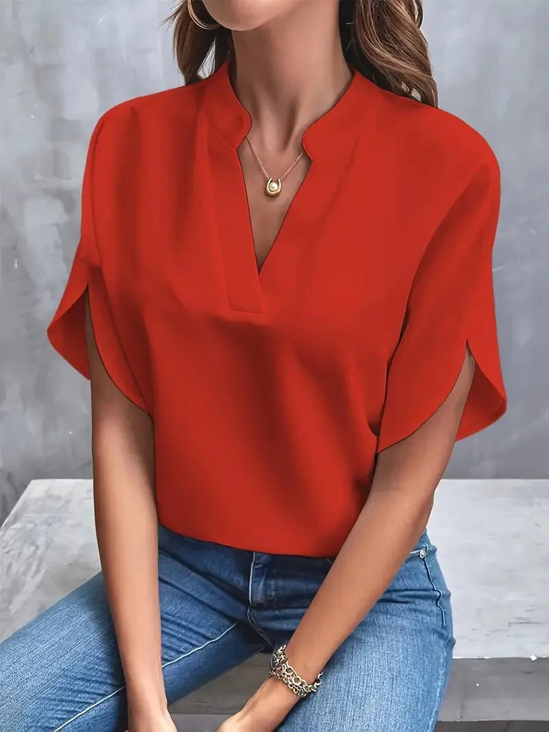 Women Casual Solid Blouse Women Fashion V-neck Half Sleeve Shirts Office Elegant Pullover Loose Blusas Tops