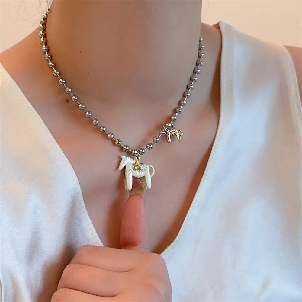 White Black Green Blue Pink Color Enamel Colt Horse Pendant Necklaces for Women Silver Plated Alloy Beads Chain Chokers