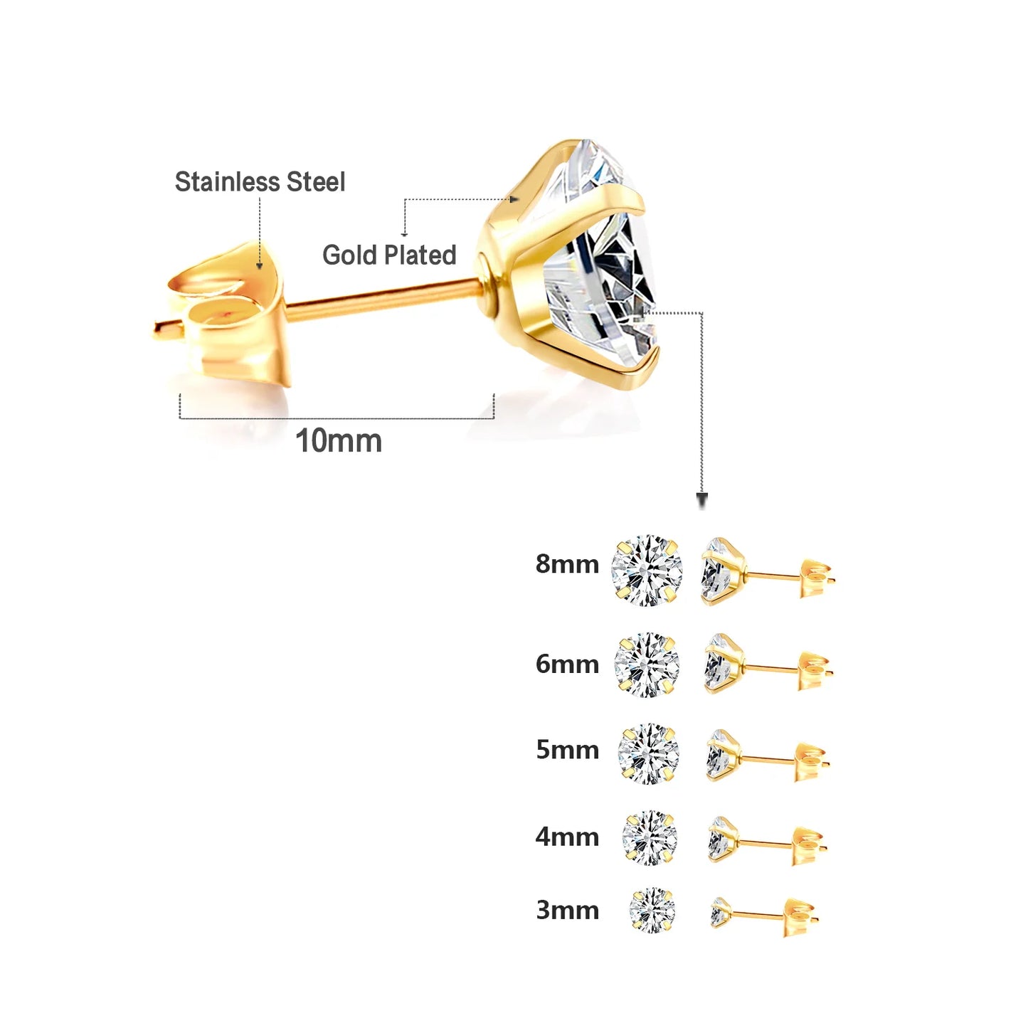 LUXUSTEEL 2Pcs Men's Crystal Zircon Studs Earrings For Women 316L Stainless Steel Cartilage Piercing Ear Anti Allergic 3-8mm