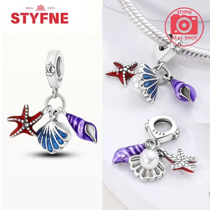 925 Sterling Silver Ocean Series Blue Turtle Starfish Shell Fit Original Bracelet Charms for Women diy Fine Jewelry Gifts