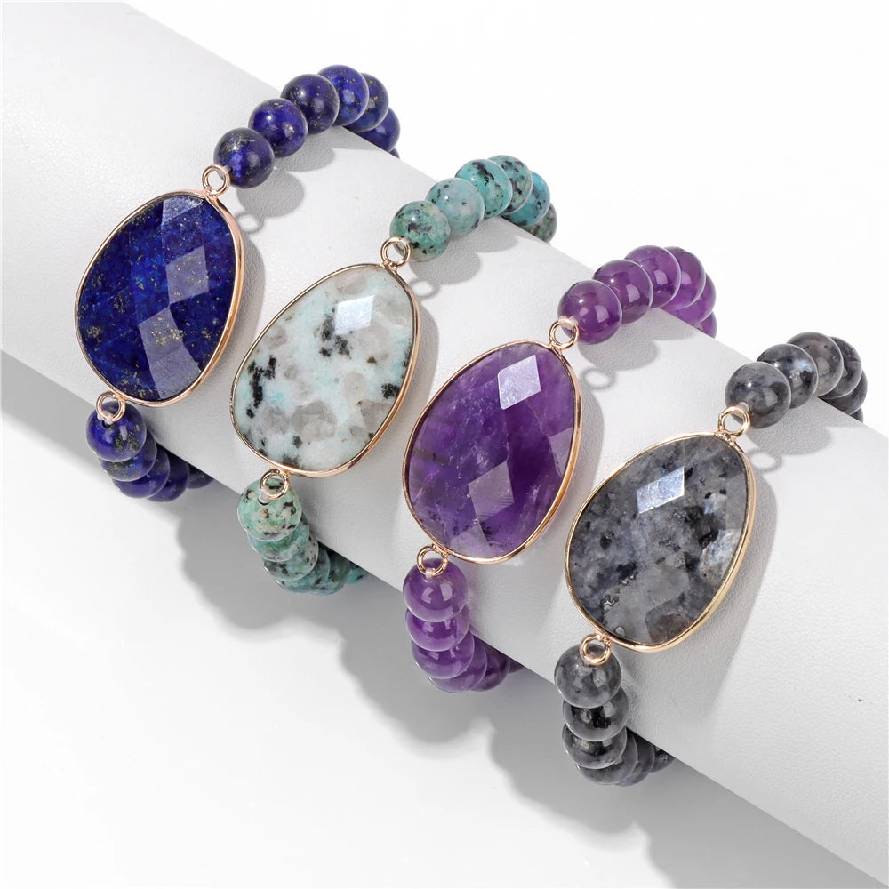 Natural Stone Charm Bracelets For Women Men Amethysts Lapis Lazuli Labradorite White Howlite Elastic Bracelet Jewelry