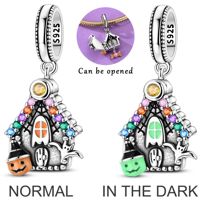 2026 Halloween Skull Charms Bead 925 Sterling Silver Sparkling Zircon Pumpkin Head Dangle Fit Bracelet DIY Jewelry Holiday Gift