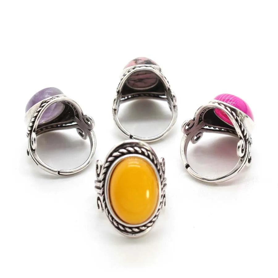 Vintage Crystal Oval Stone Rings For Men Women Natural Rose Quartz Amethyst Onyx Agate Gemstone Adjustable Finger Ring Jewelry