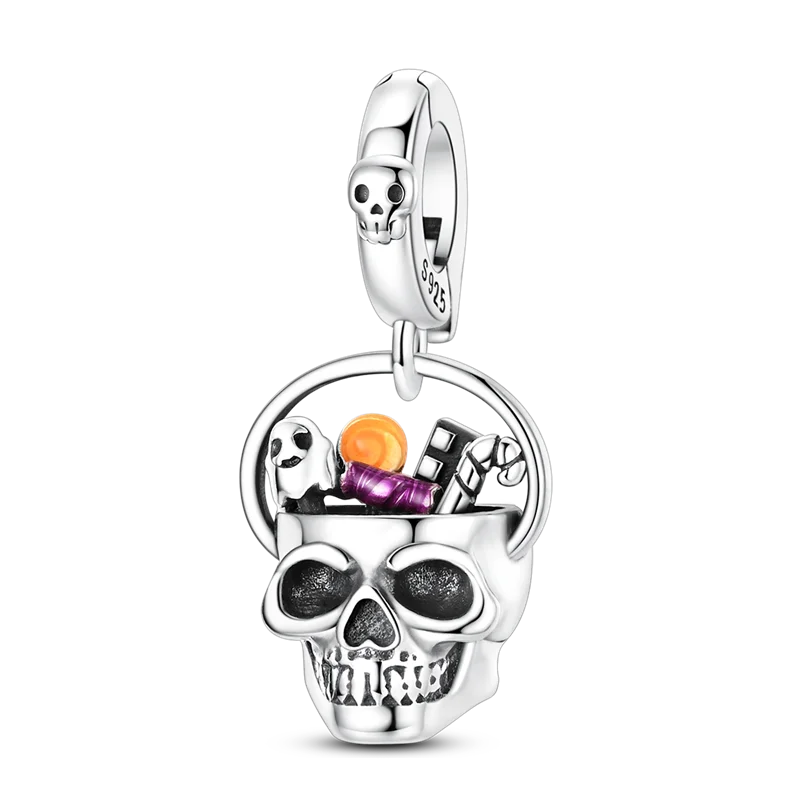 2026 Halloween Skull Charms Bead 925 Sterling Silver Sparkling Zircon Pumpkin Head Dangle Fit Bracelet DIY Jewelry Holiday Gift