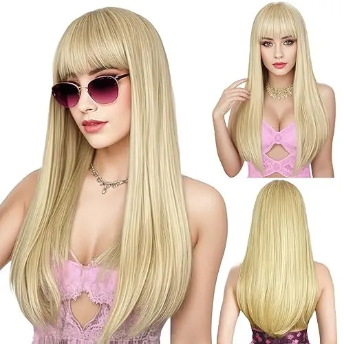 Red Wine Color Synthetic Wig with Long Curly Hair and Bangs for Daily Party Use. Made of High-Temperature Hair Fiber.