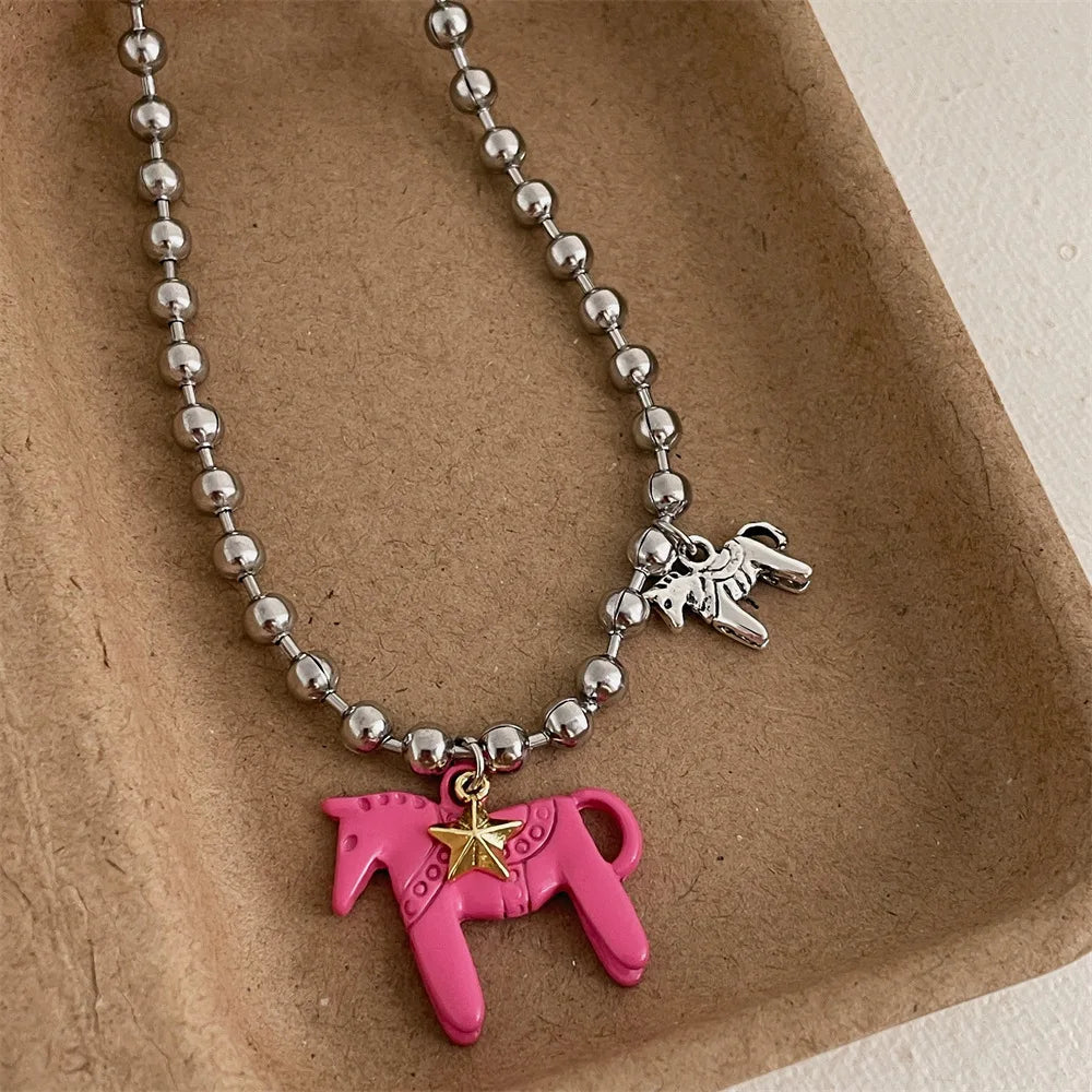 White Black Green Blue Pink Color Enamel Colt Horse Pendant Necklaces for Women Silver Plated Alloy Beads Chain Chokers