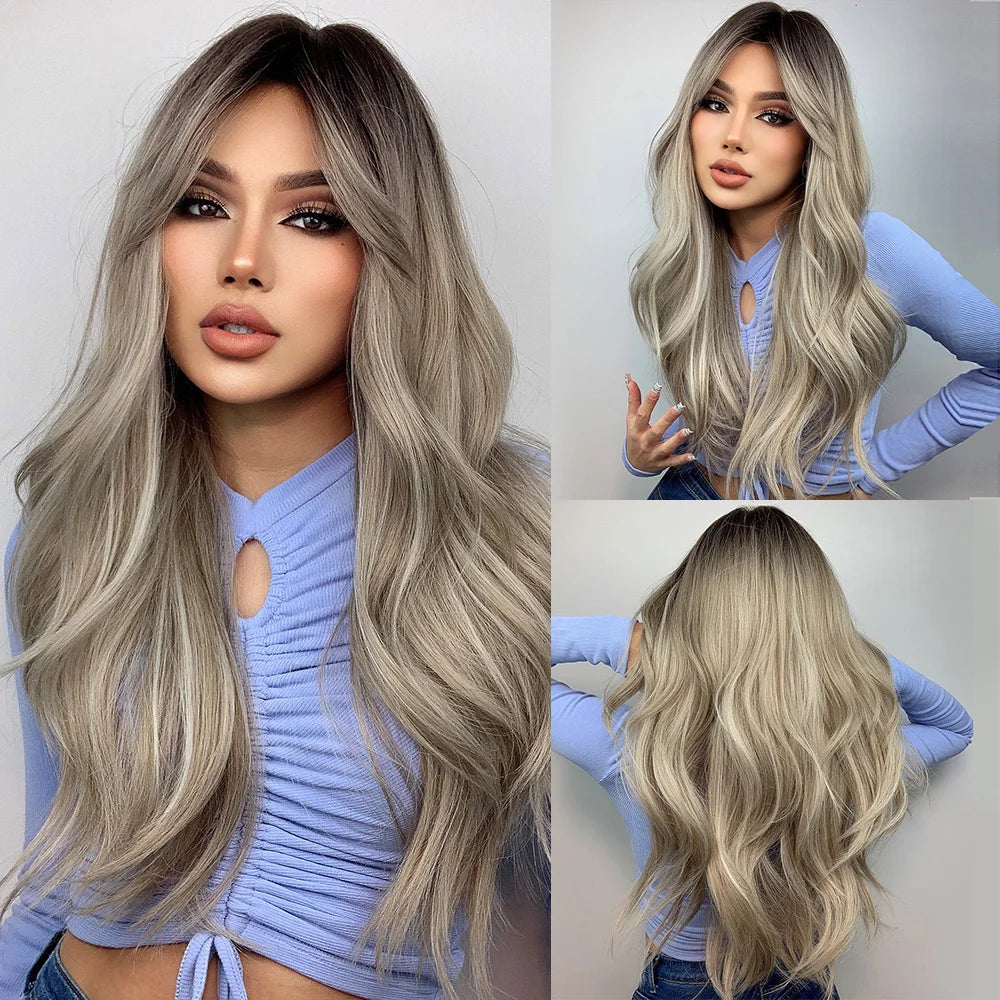 GEMMA Ombre Brown Blonde Long Straight Synthetic Wigs with Bangs Cosplay Wig for Women High Temperature Natural Fake Hair