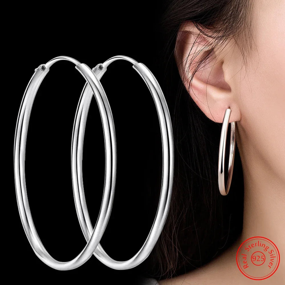 Genuine 925 Sterling Silver Women's New Jewelry Fashion Round Hoop Earrings