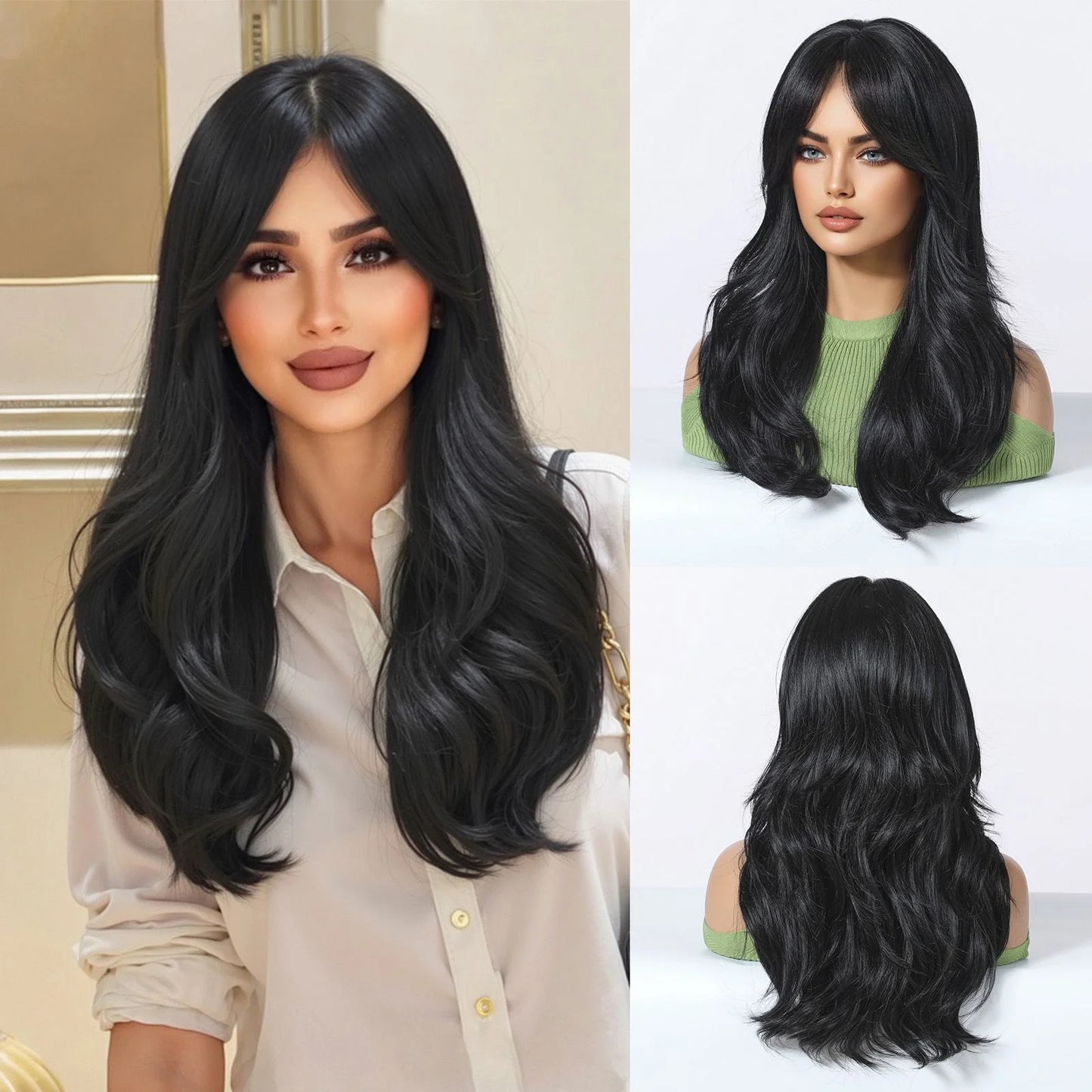 ALAN EATON Rose Gold Blonde Wig With Bangs Ombre Long Body Wave Synthetic Hair Heat Resistant Fiber Natural Looking Party Wigs