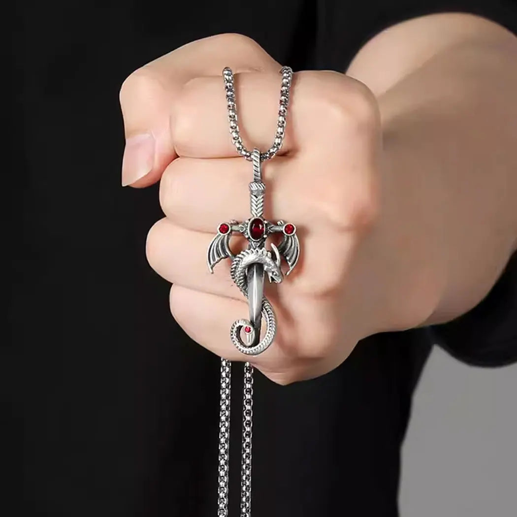 Vintage imitation gemstone dragon sword pendant necklace accessories stainless steel chain party birthday gift amulet