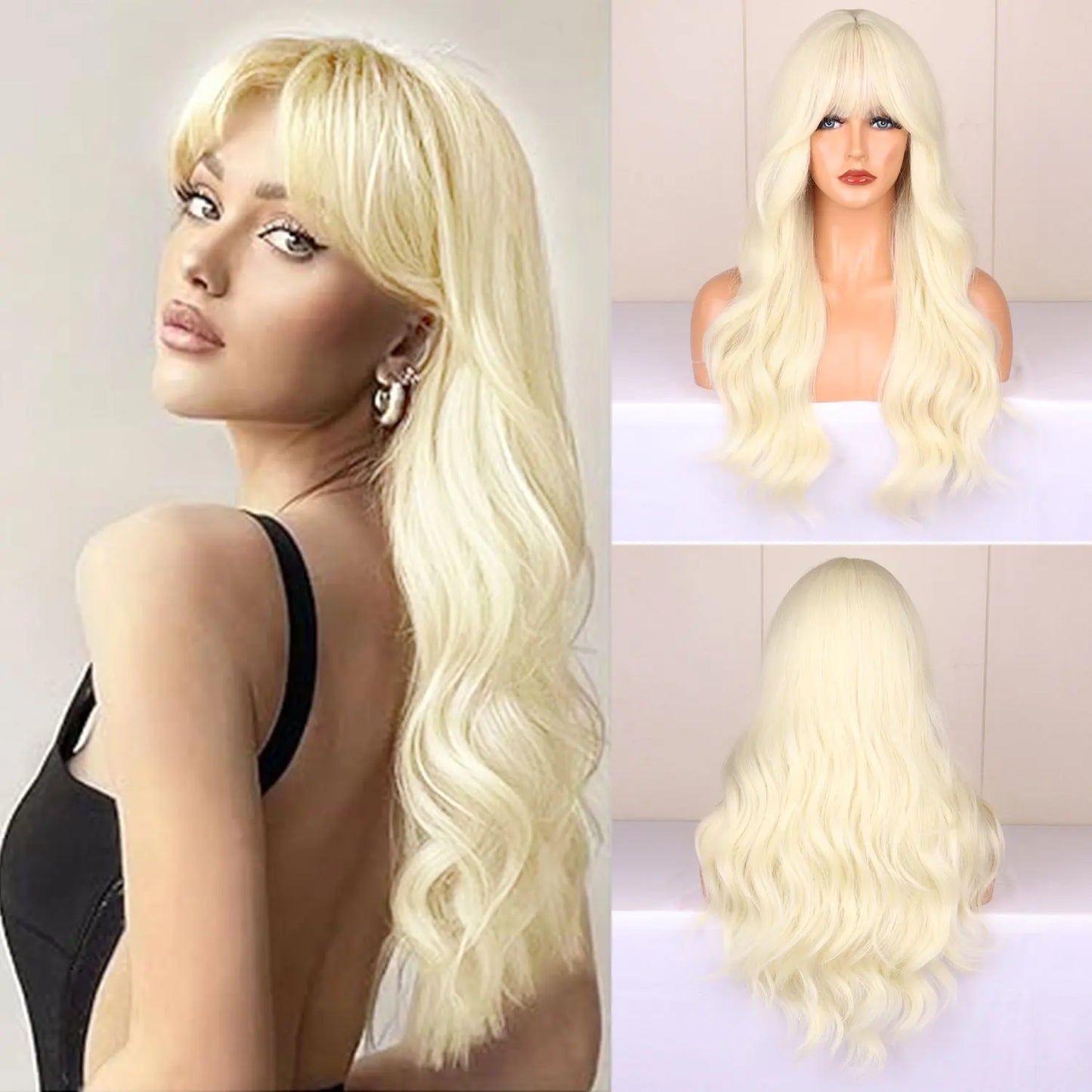 Red Wine Color Synthetic Wig with Long Curly Hair and Bangs for Daily Party Use. Made of High-Temperature Hair Fiber.