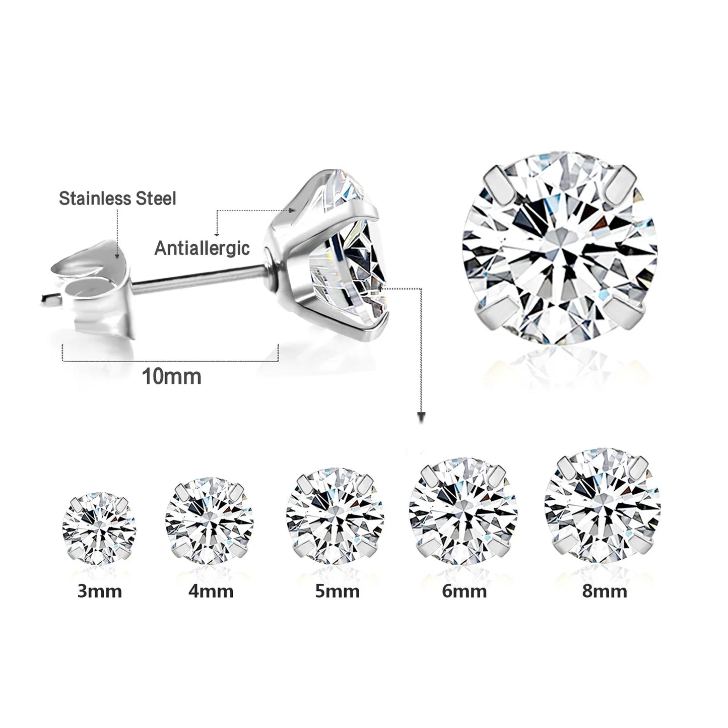 LUXUSTEEL 2Pcs Men's Crystal Zircon Studs Earrings For Women 316L Stainless Steel Cartilage Piercing Ear Anti Allergic 3-8mm