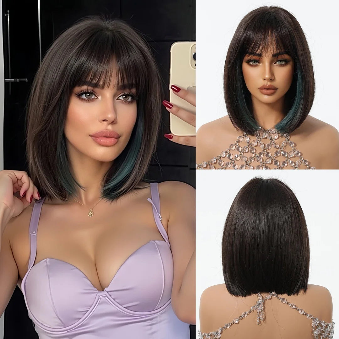 ALAN EATON Short Ombre Brown Synthetic Natural Bob Straight Wigs with Bang for Women Party Daily Use Heat Resistant Fiber