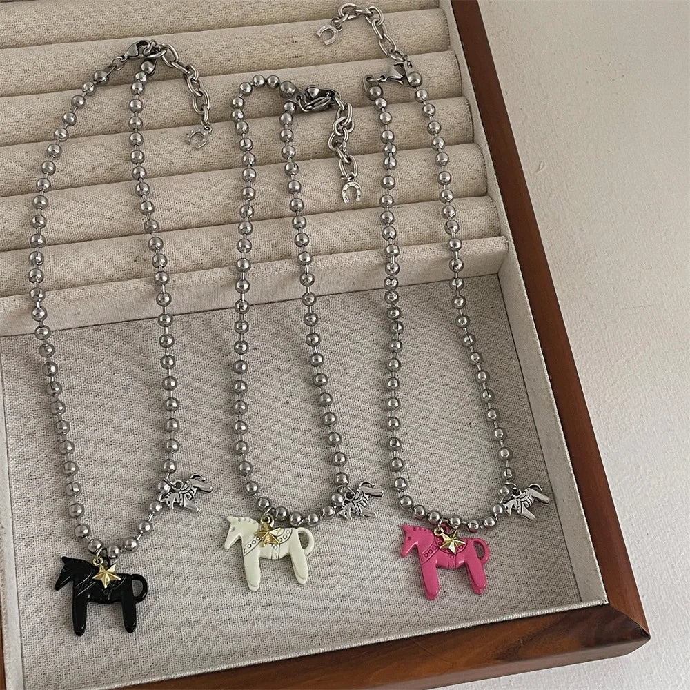 White Black Green Blue Pink Color Enamel Colt Horse Pendant Necklaces for Women Silver Plated Alloy Beads Chain Chokers