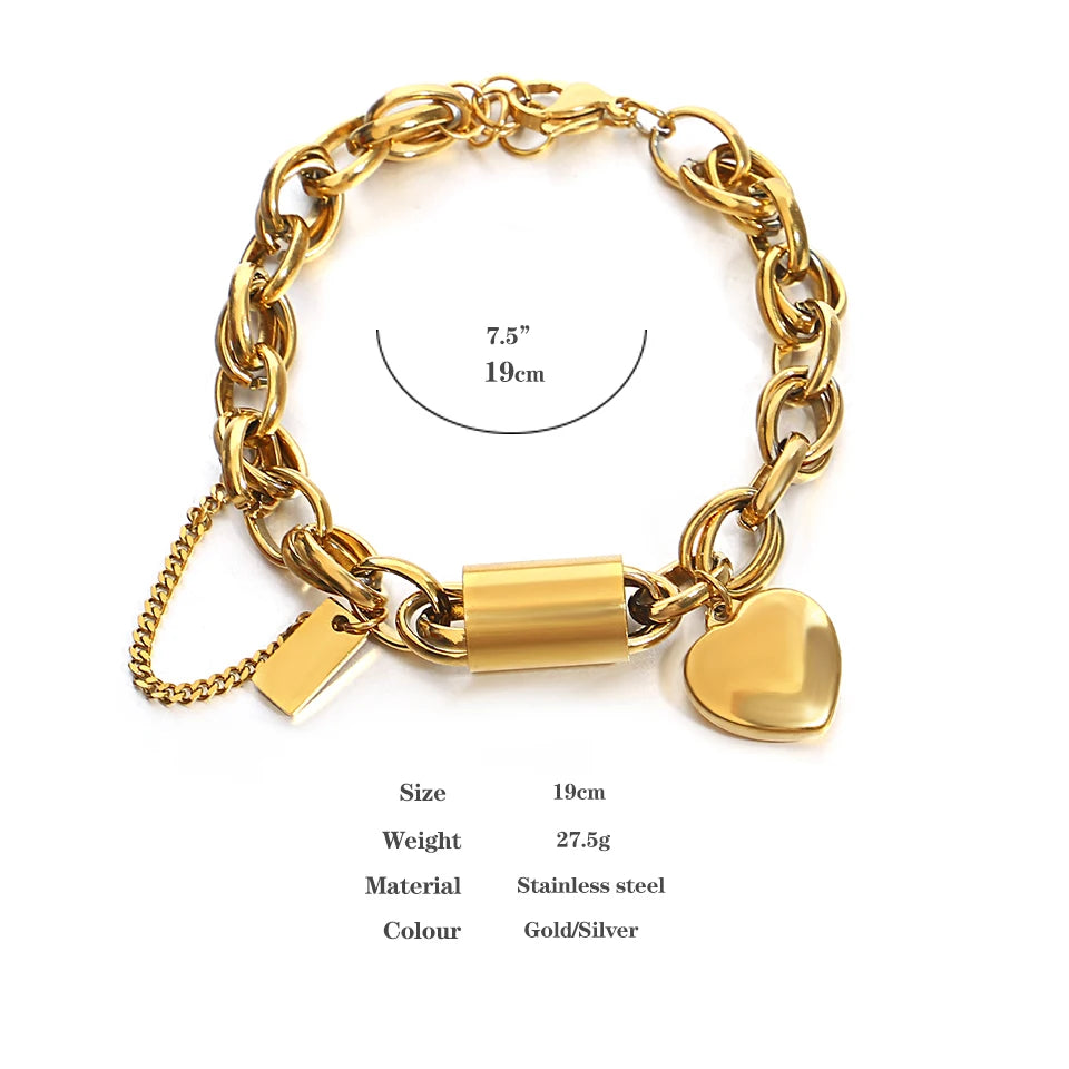 Heart Locket Stainless Steel Charm Bracelet Chunky Gold Plated